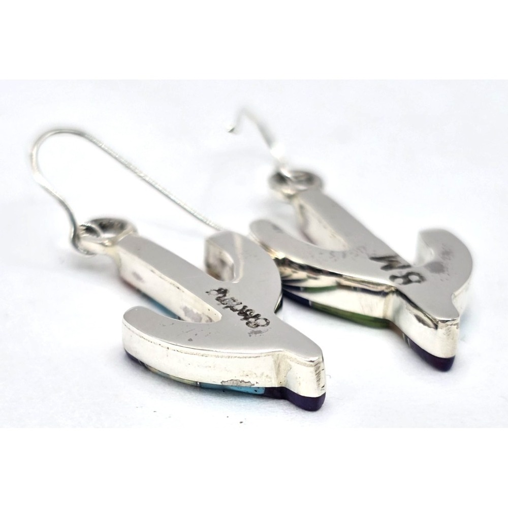 Multi-Gemstone Cacti Earrings Sterling Silver Inlays 0.94" Handmade Signed NEW - Picture 11 of 13